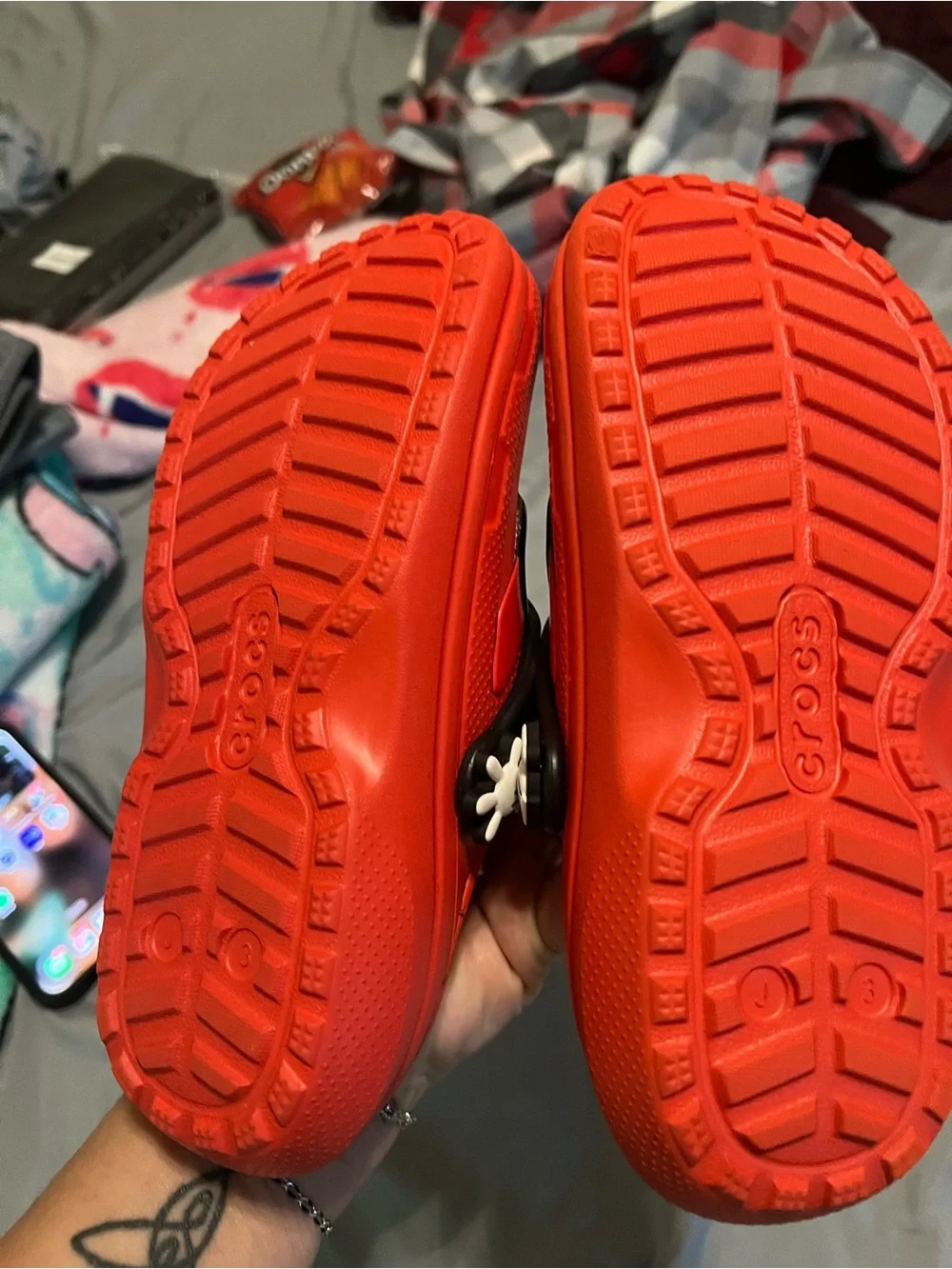 CROCS Kids Red Clog with Yellow Fleece Lining and Black Strap